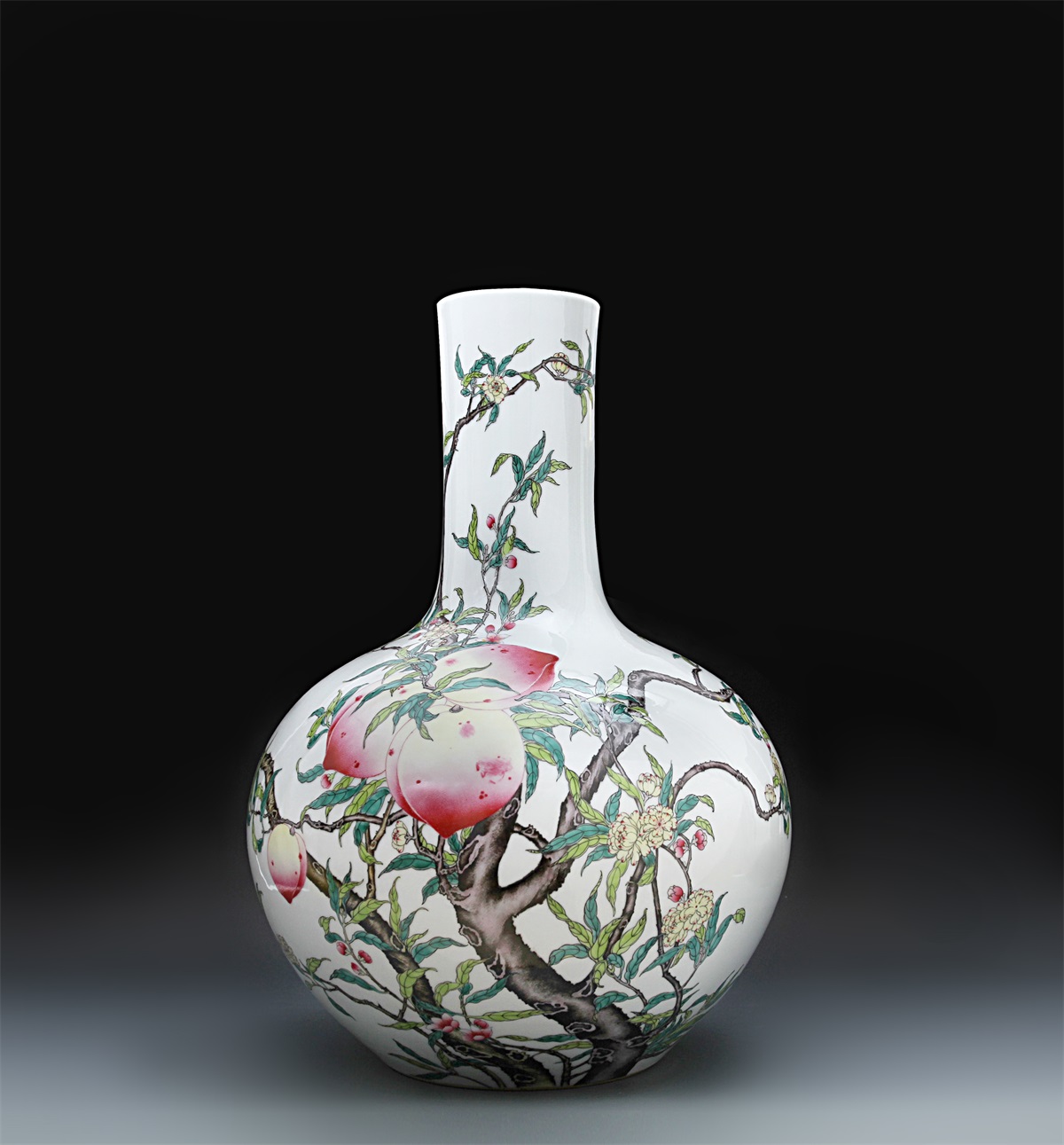 中国大清乾隆年製粉彩桃文天球瓶飾壷F R5238C-